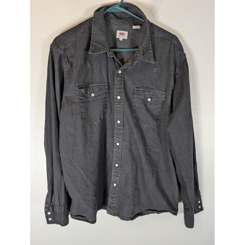 Levis Mens 2XL Western Pearl Snap Shirt Faded Black Denim Long Sleeve Cotton